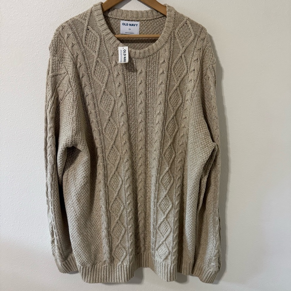 Old Navy Cozy Cable-Knit Cotton Sweater Wish Bone Beige Cabincore NWT-XXL - Picture 2 of 9